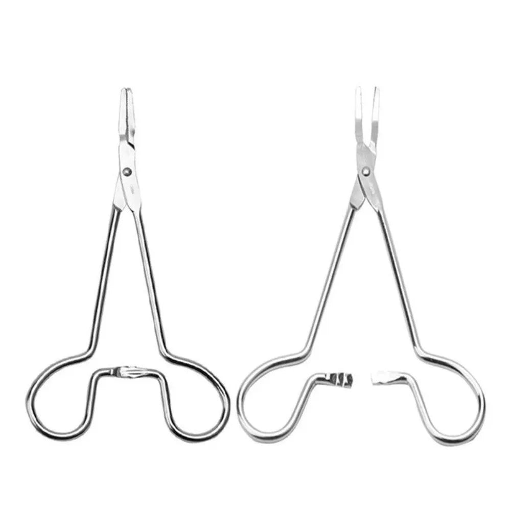 Silver stainless steel pet ear tweezers with curved tip and anti-slip handle on white background