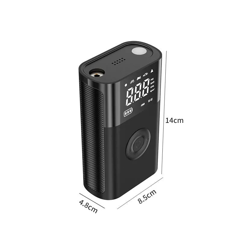 Wireless handheld digital air pump with display screen showing tyre pressure, surrounded by nozzle attachments for car, bicycle and sports inflation