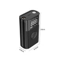 Wireless handheld digital air pump with display screen showing tyre pressure, surrounded by nozzle attachments for car, bicycle and sports inflation