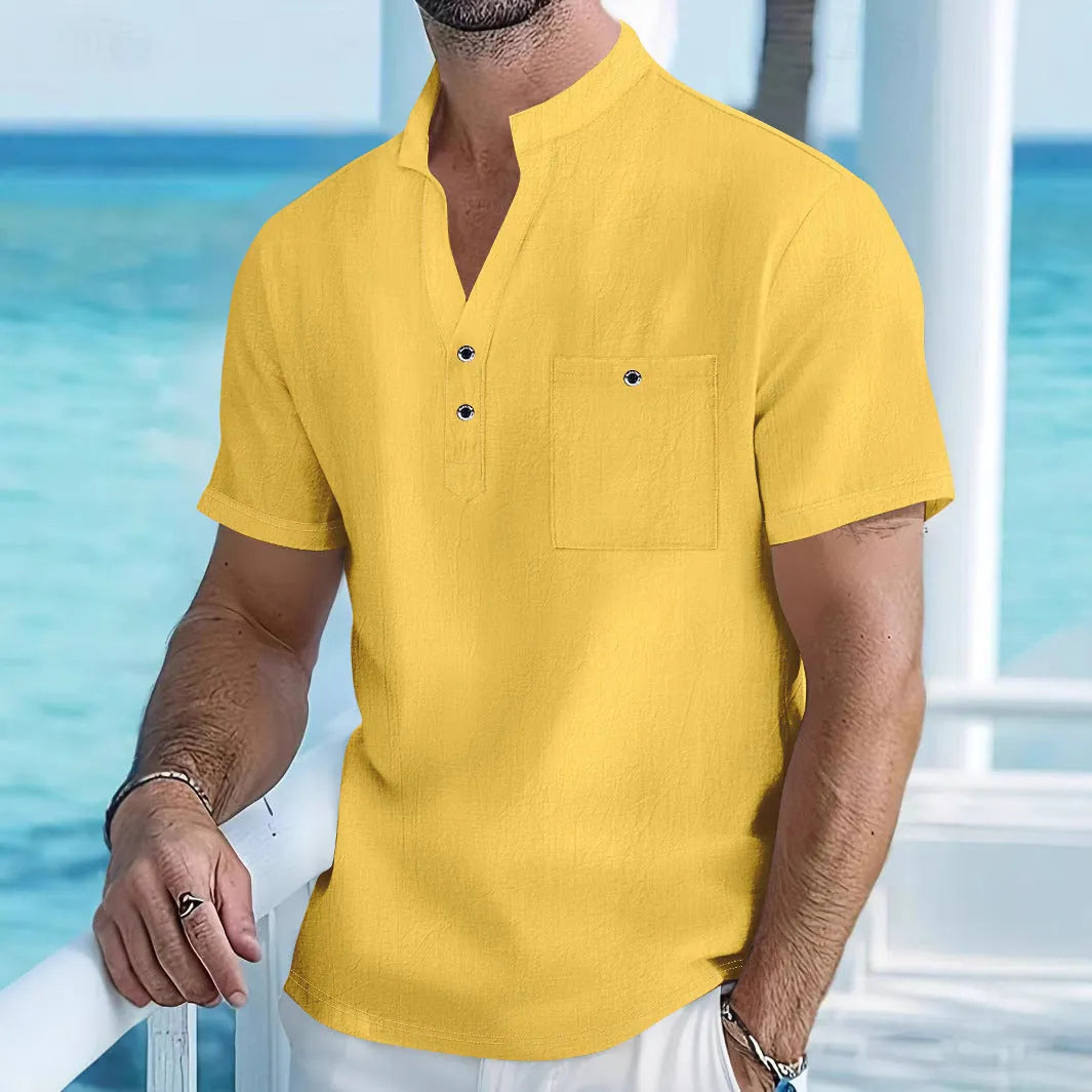 Men's light blue linen stand collar short sleeve t-shirt on a hanger