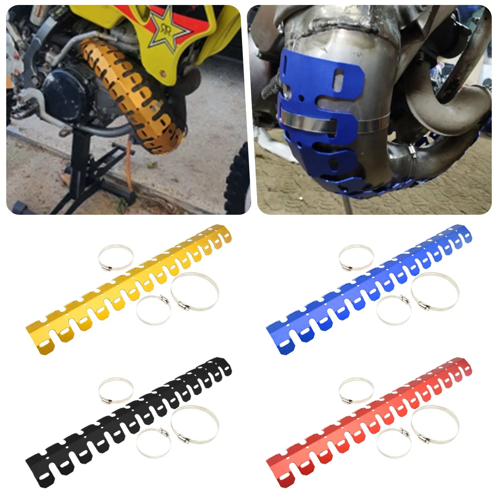Aluminium alloy off-road exhaust heat shield in black with cable tie mounting against motorcycle exhaust pipe