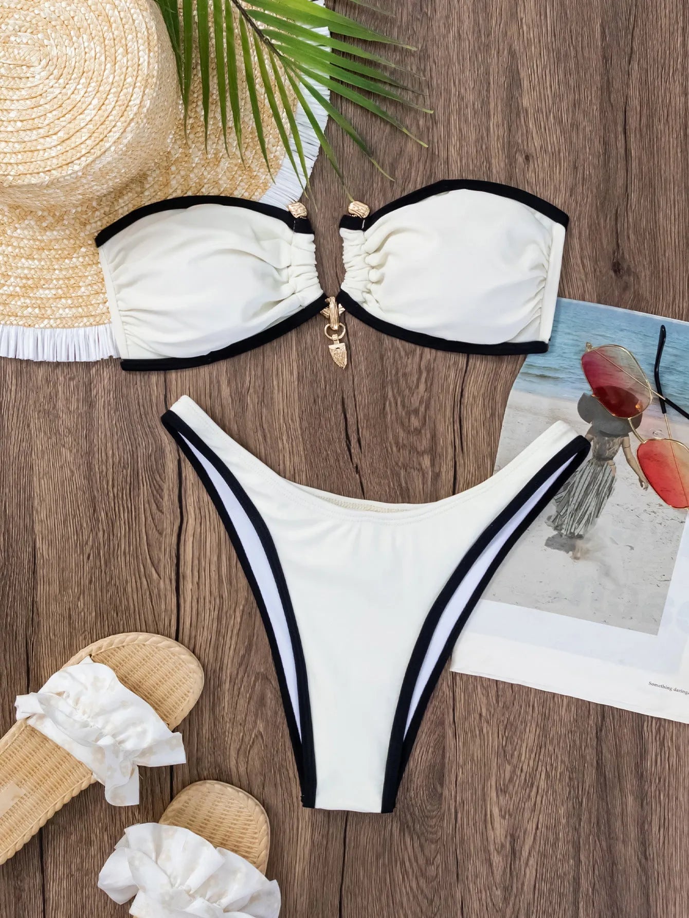 Women's nylon tube top bikini set in beige colour contrast design with sleeveless top and matching pants