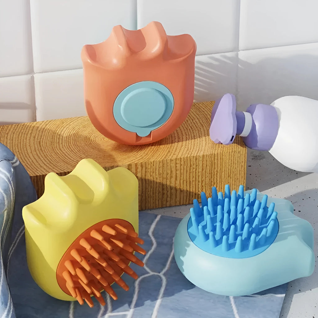 Pet bath massage brush with shampoo reservoir box in blue orange yellow colours measuring 9x8x5.3cm