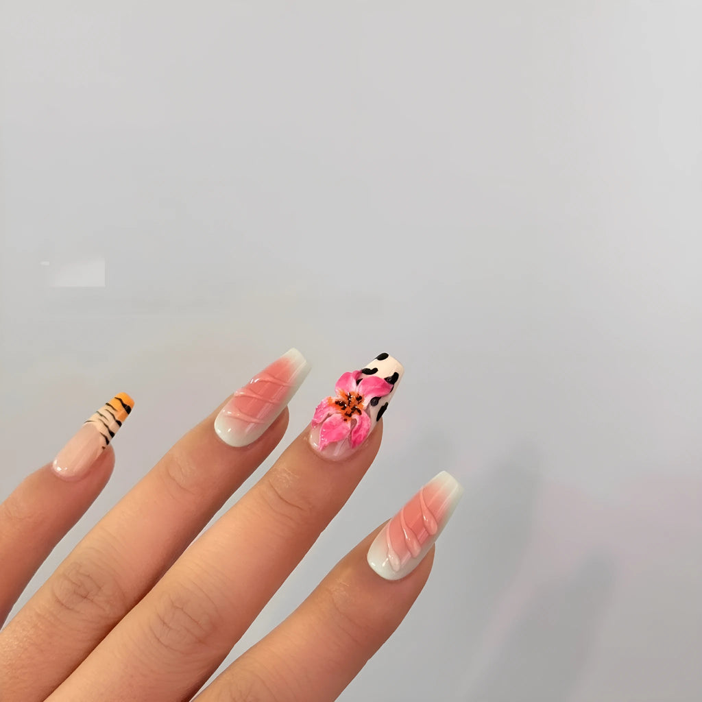 Zebra pattern lily hand carving nail art with embossed flower and leopard print designs