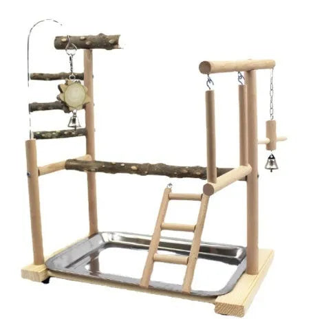 Natural pepper wood parrot toy stand with integrated platform and climbing poles for cage