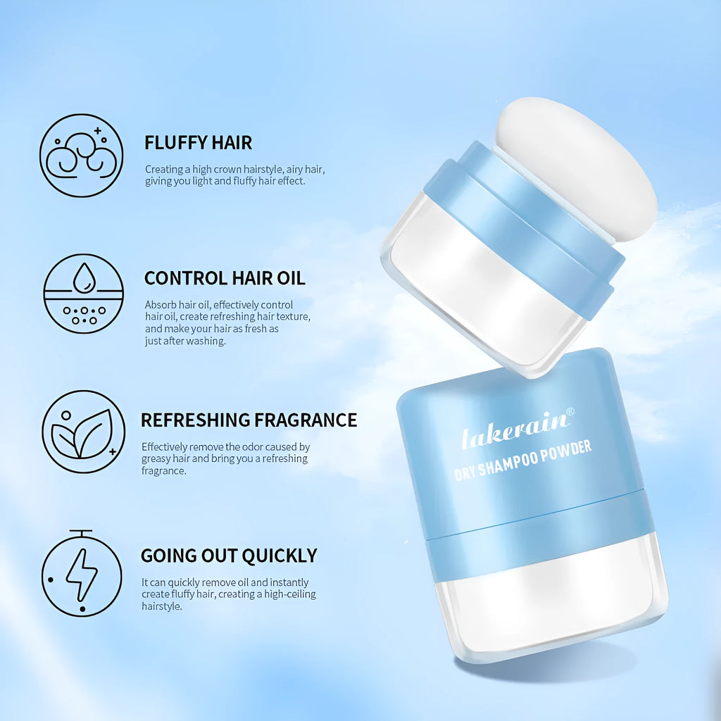 5g dry shampoo powder sachet with sponge applicator and headband mirror in blue, green, and red packaging options.