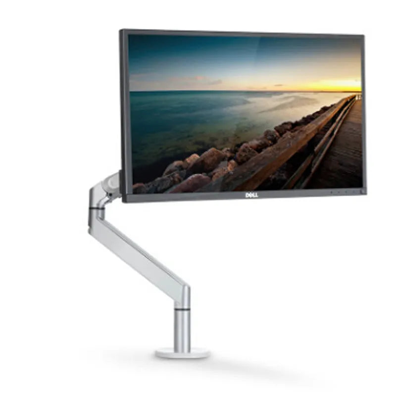 Silver aluminium alloy Free Hover laptop stand with adjustable air pressure arm on a desk.