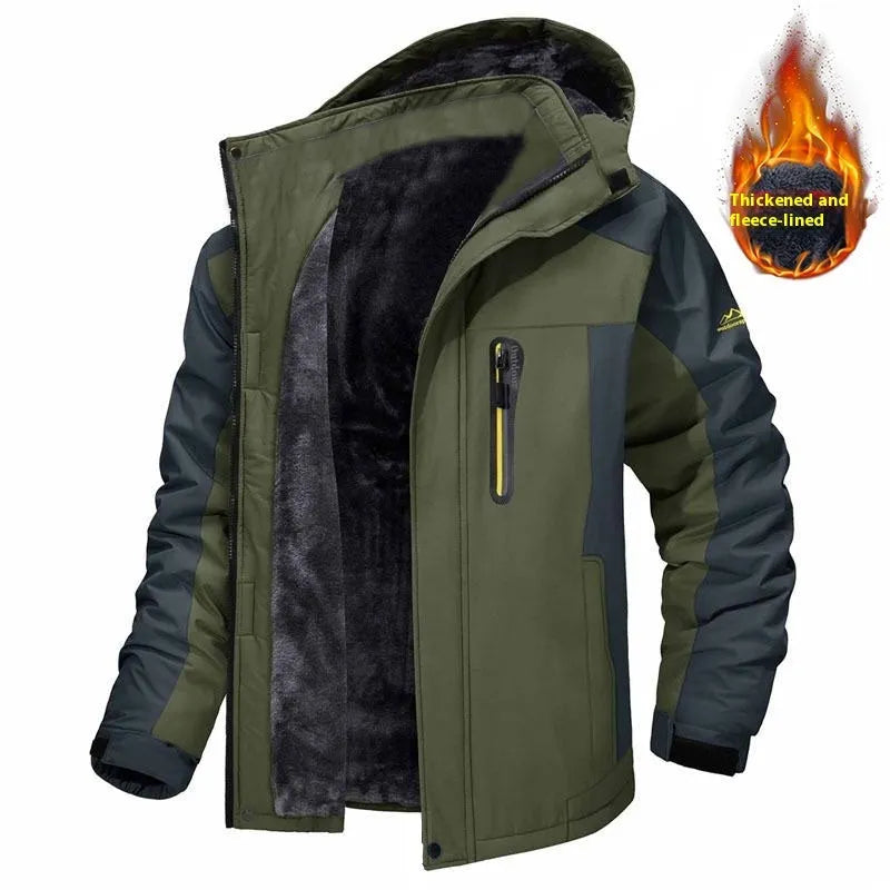Men's mid-length fleece coat in black, polyester outer, coral fleece lining, non-ironing, sizes L to 5XL