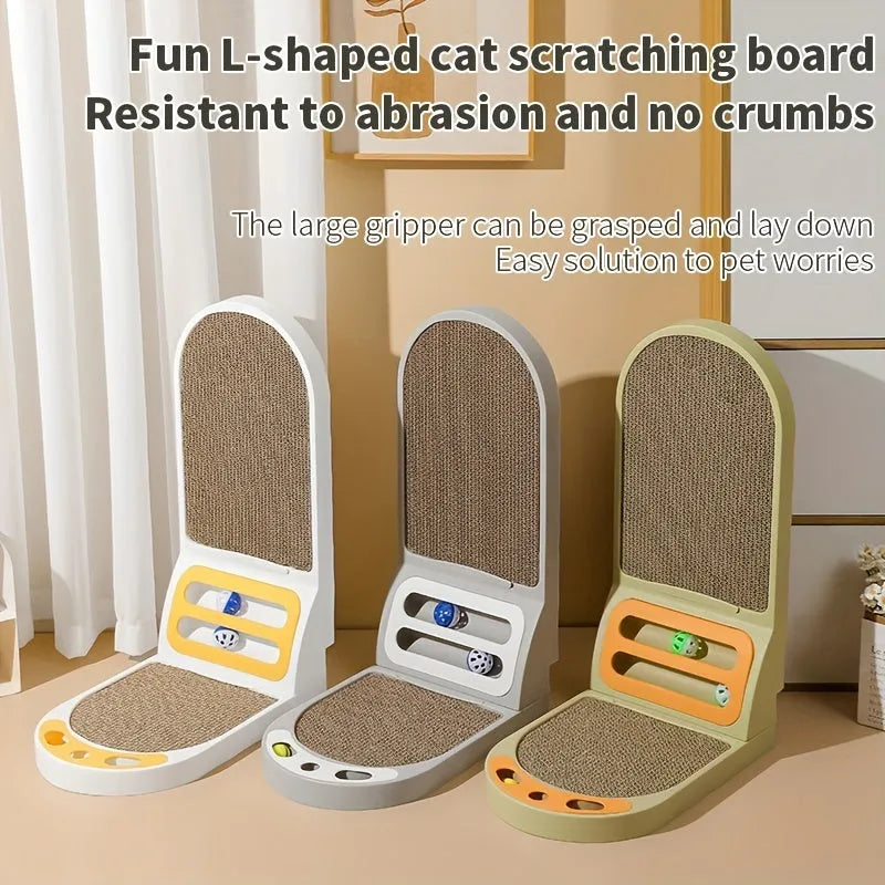 L-Shape vertical cat scratching board in grey, green, or white, showing thickened cardboard construction.