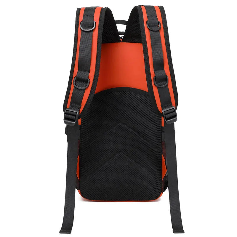 Orange Derm fabric outdoor backpack with 20-35L capacity shown from side perspective