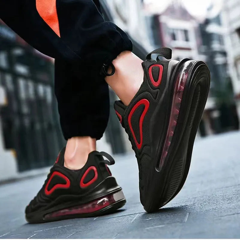Casual air cushion black shoes for men outdoor lace-up sneakers with thick sole and round toe