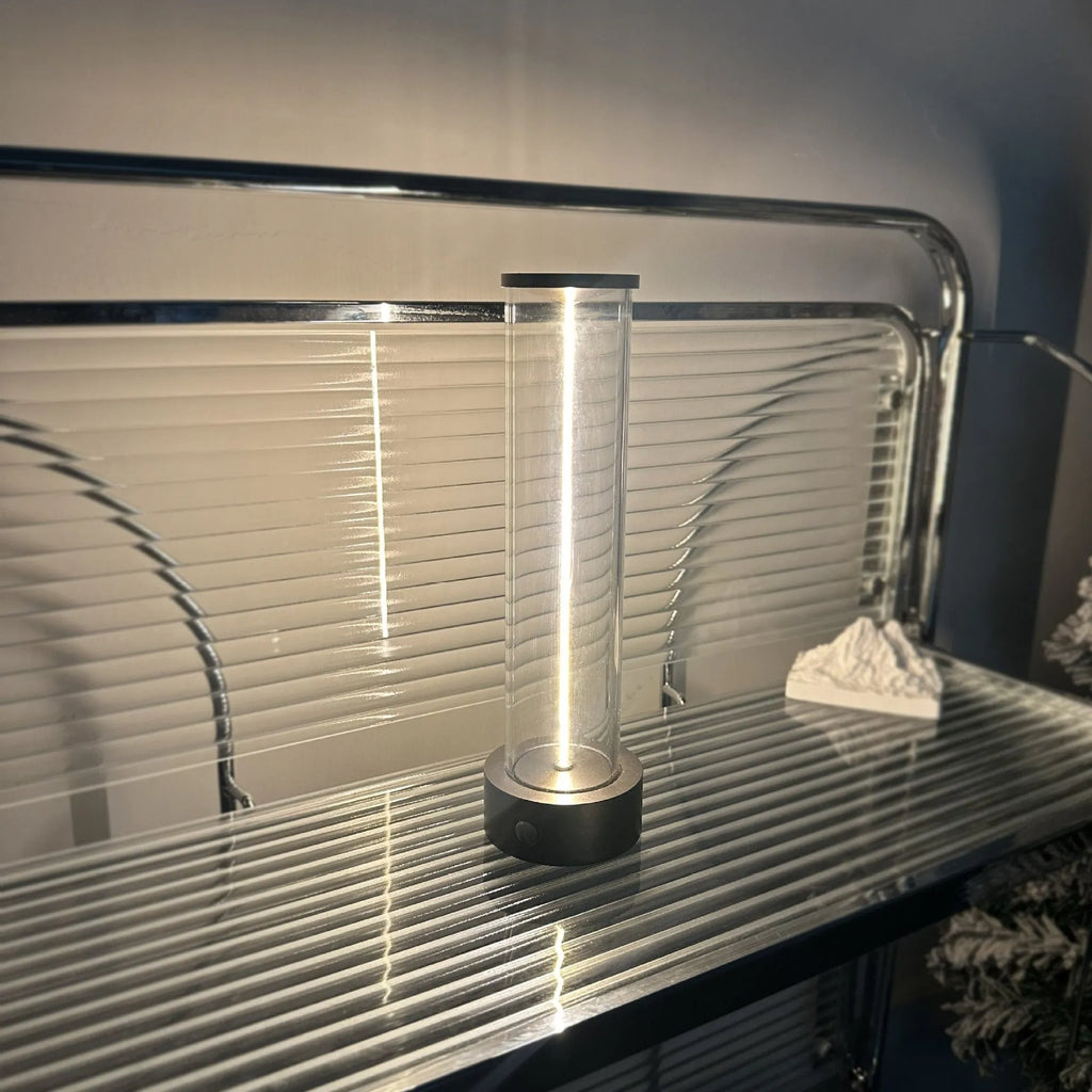 Modern glass USB rechargeable LED night light with magnetic base, dimensions 53mm by 234mm