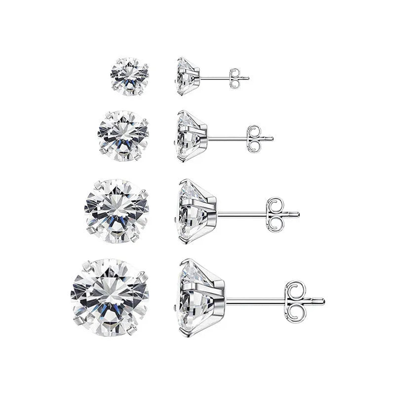 Titanium steel geometric square zircon stud earrings with round stones in gold and steel colour options