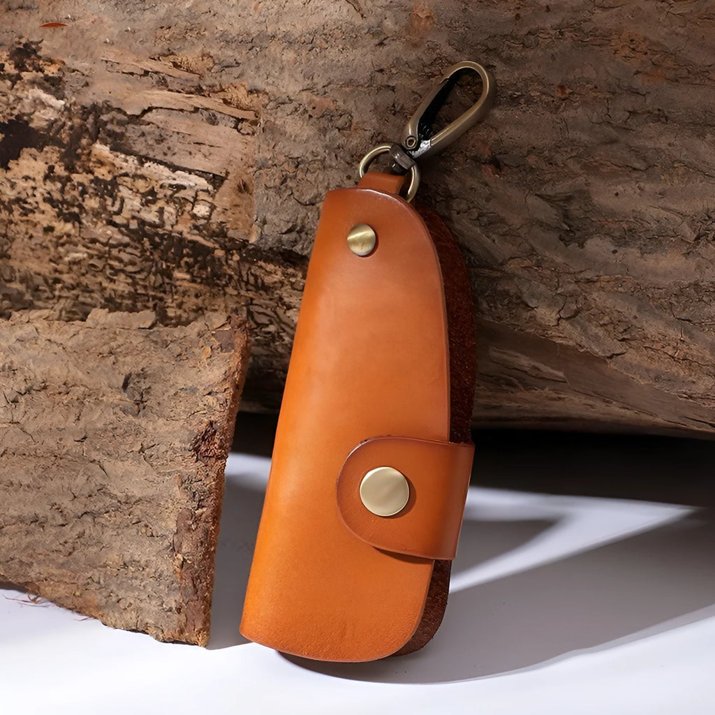 Genuine leather handmade key case in black, brown, coffee, or purplish red.