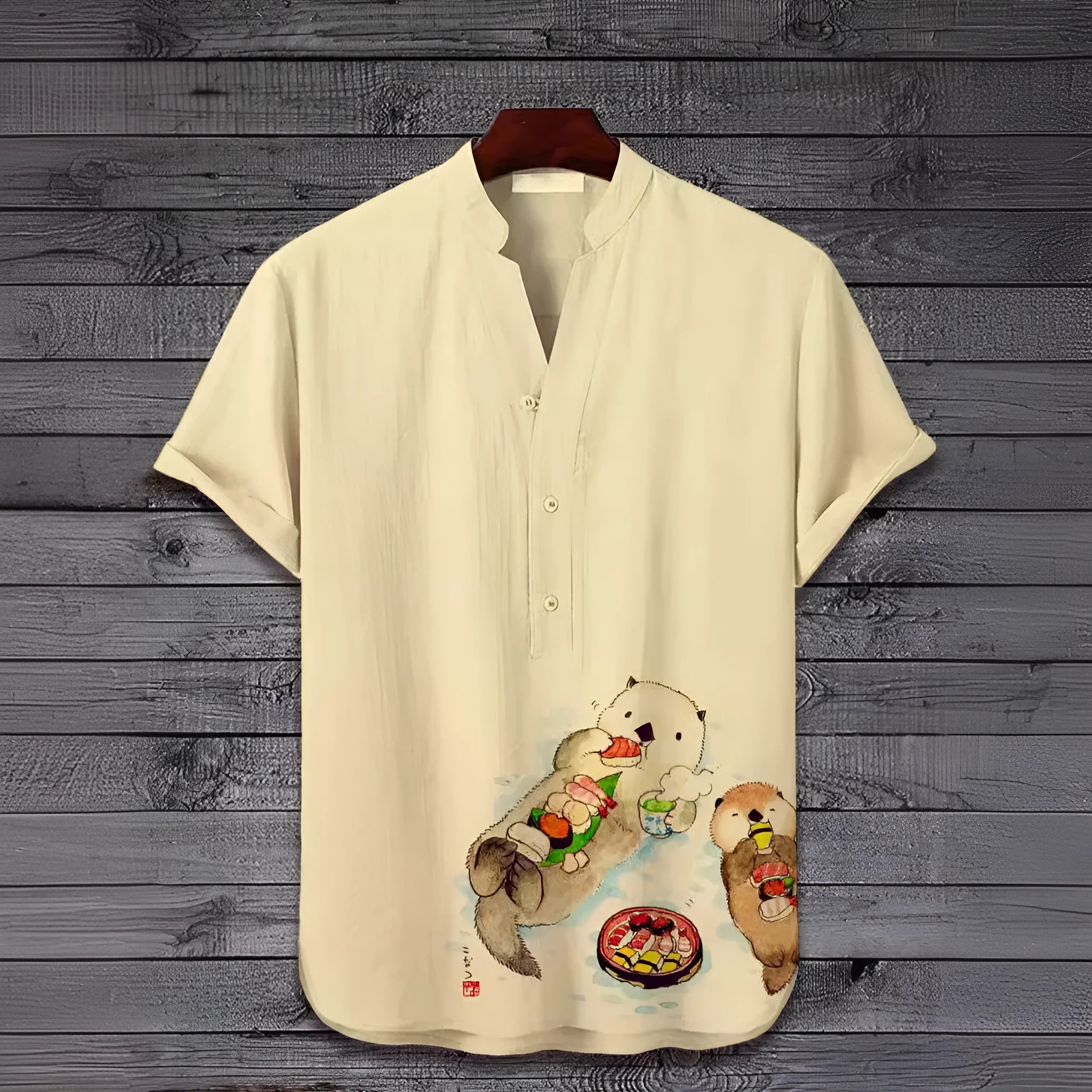 Man wearing a short sleeve t-shirt with a detailed 3D digital animal graphic print on the front.