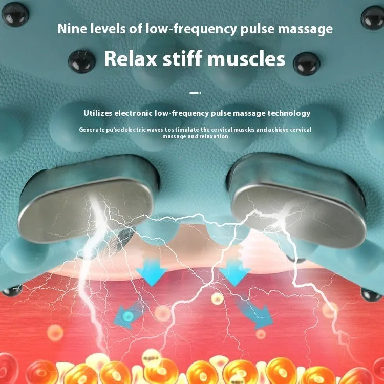 Blue-green portable EMS massage pillow for neck and shoulders with hot compress.