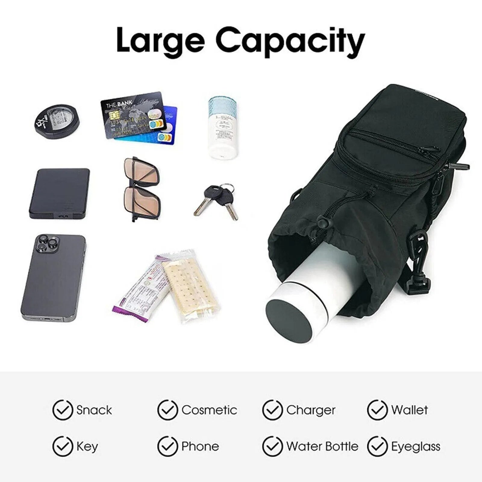 Cloth water bottle pouch with crossbody strap in black, green, and pink colour options.