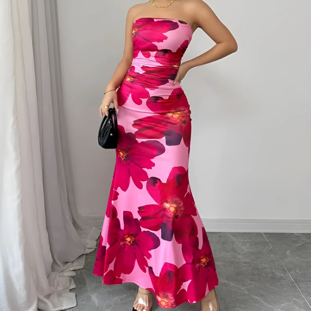 Sleeveless pink flowers print long hip skirt dress with high waist and slim fit, sizes S to XL