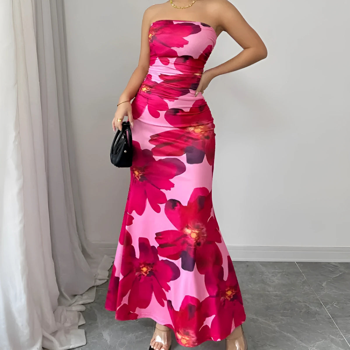 Sleeveless pink flowers print long hip skirt dress with high waist and slim fit, sizes S to XL