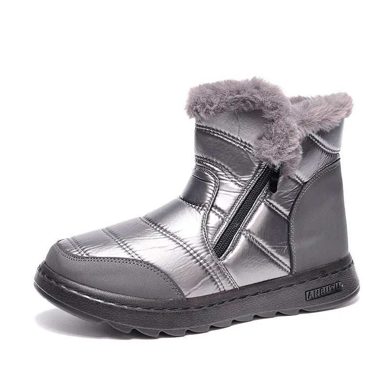 Winter thick plush snow boots with side zipper for women, high top platform, fur upper, round toe, black