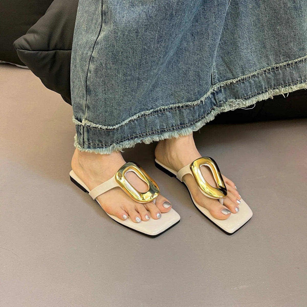 Women's plus size casual mesh sandals with artificial PU upper and plastic sole, beige colour, shown from side view