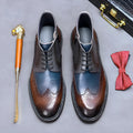 Mens brown and blue colour block brogue ankle boots with leather upper and low heel