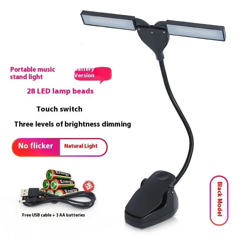 Rechargeable black music stand light with 28 LED lamps clipped to metal music stand