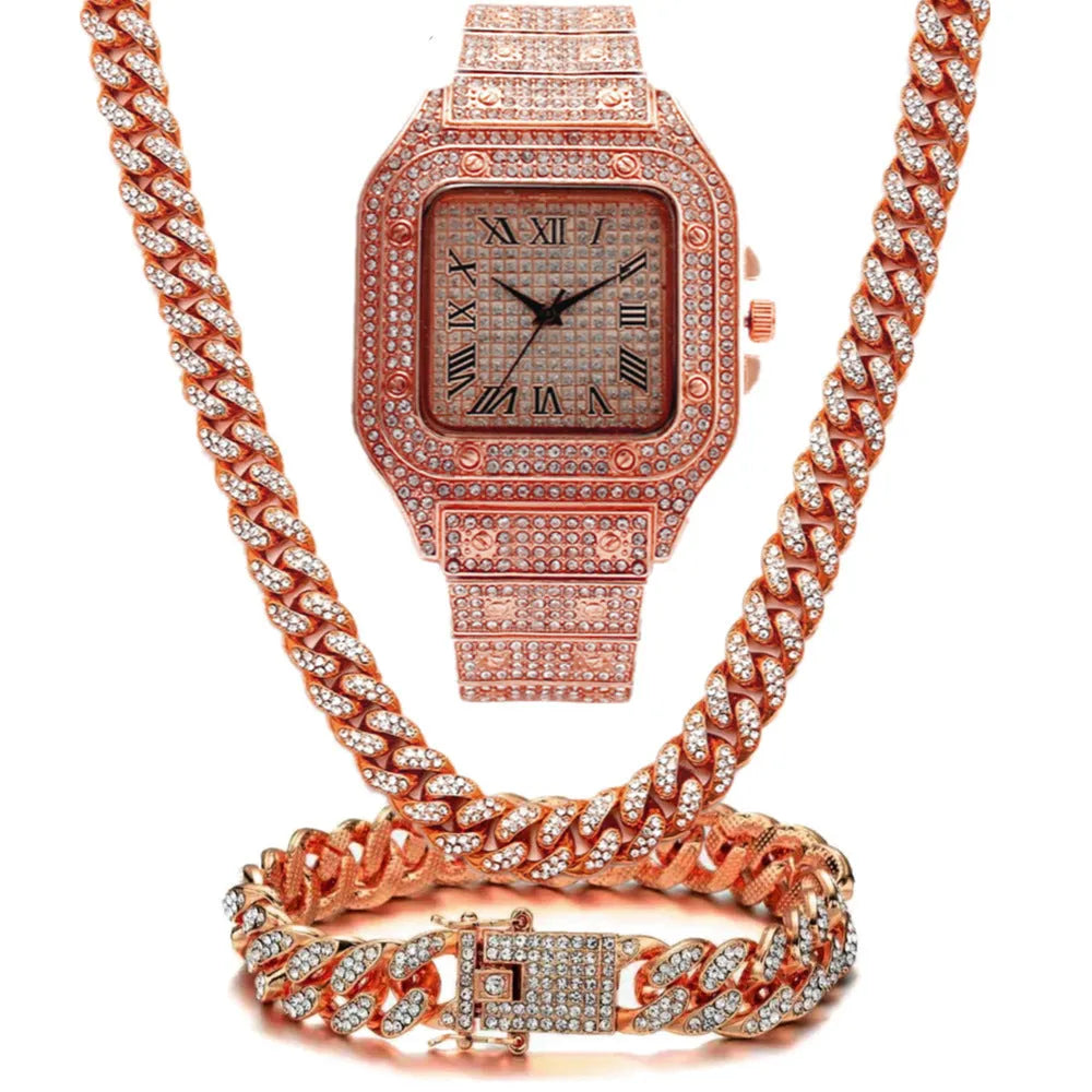 Roman grain graduation quartz watch with square diamond-studded dial and black mesh band, with coordinating bracelet and necklace