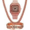 Roman grain graduation quartz watch with square diamond-studded dial and black mesh band, with coordinating bracelet and necklace