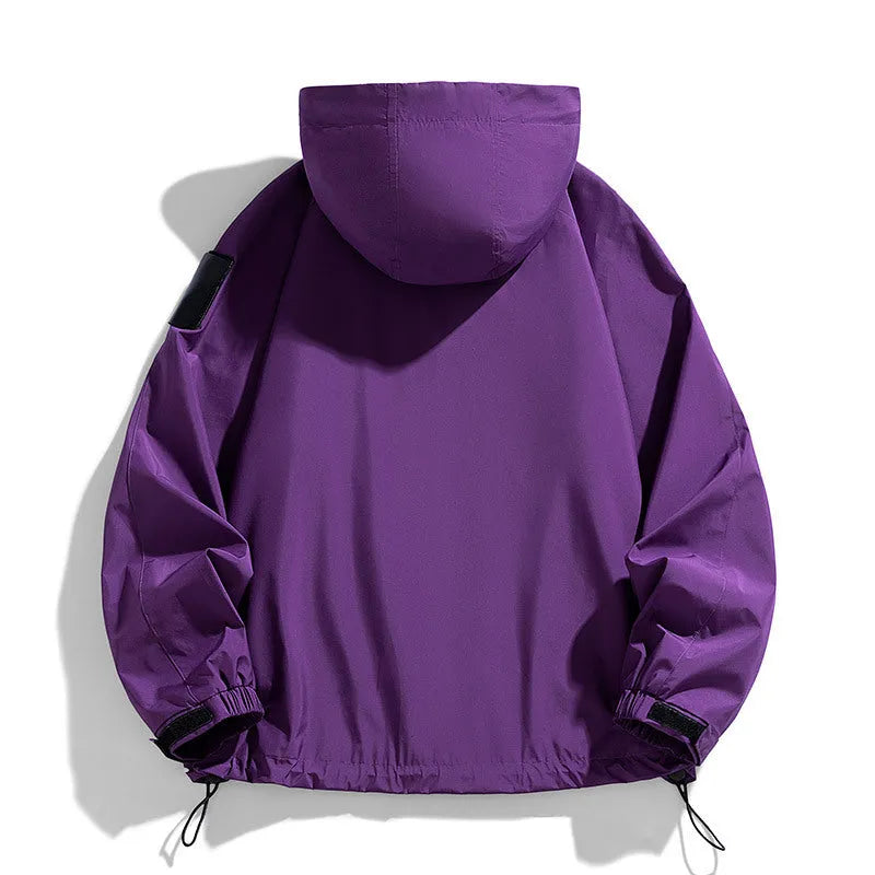Men's black waterproof windproof hooded jacket with long sleeves on a size chart showing S to 8XL.