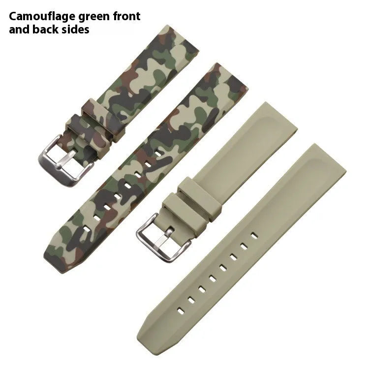 Green camouflage silicone watch strap with flat lugs, shown alongside blue and grey versions.