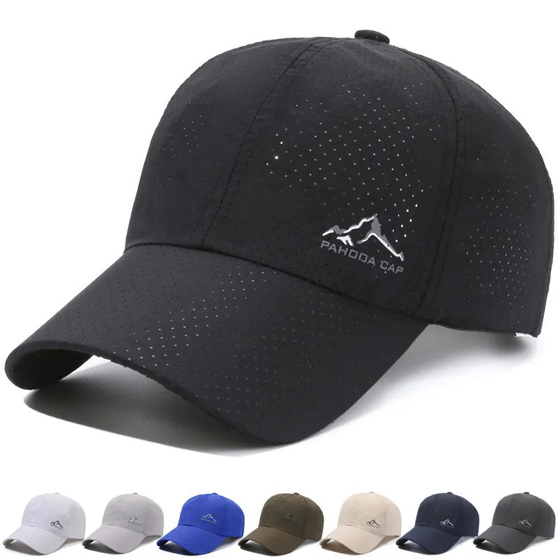 Adjustable polyester baseball cap with dome crown on a white background.