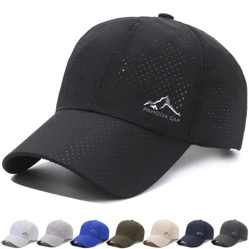 Adjustable polyester baseball cap with dome crown on a white background.