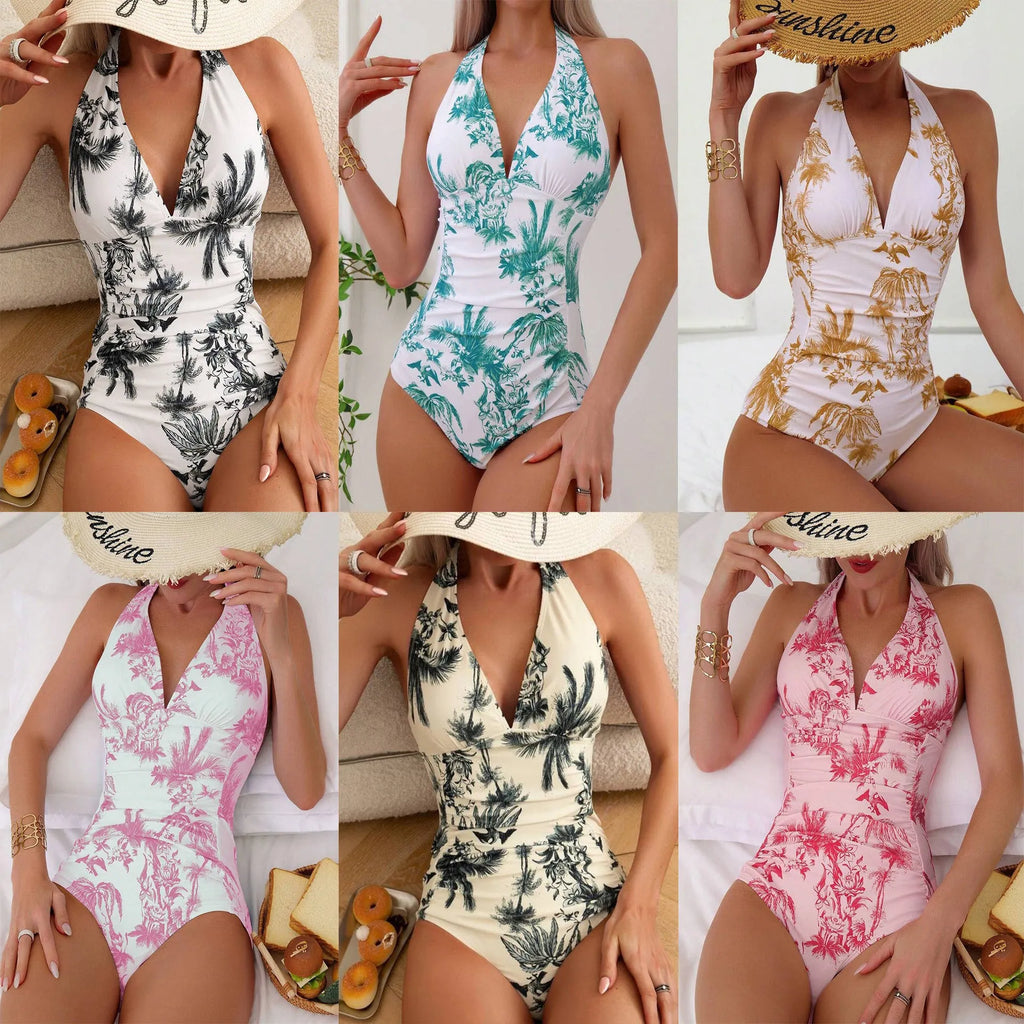 Women's printed V-neck one-piece swimsuit in polyester fabric with seven colour options