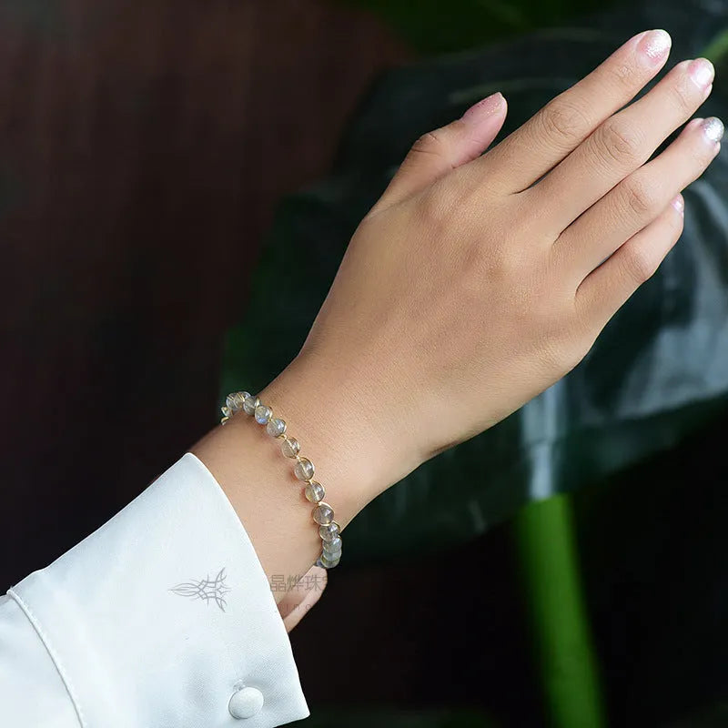Women's natural crystal blue moonstone bracelet with 6mm stones and 14K gilded metal