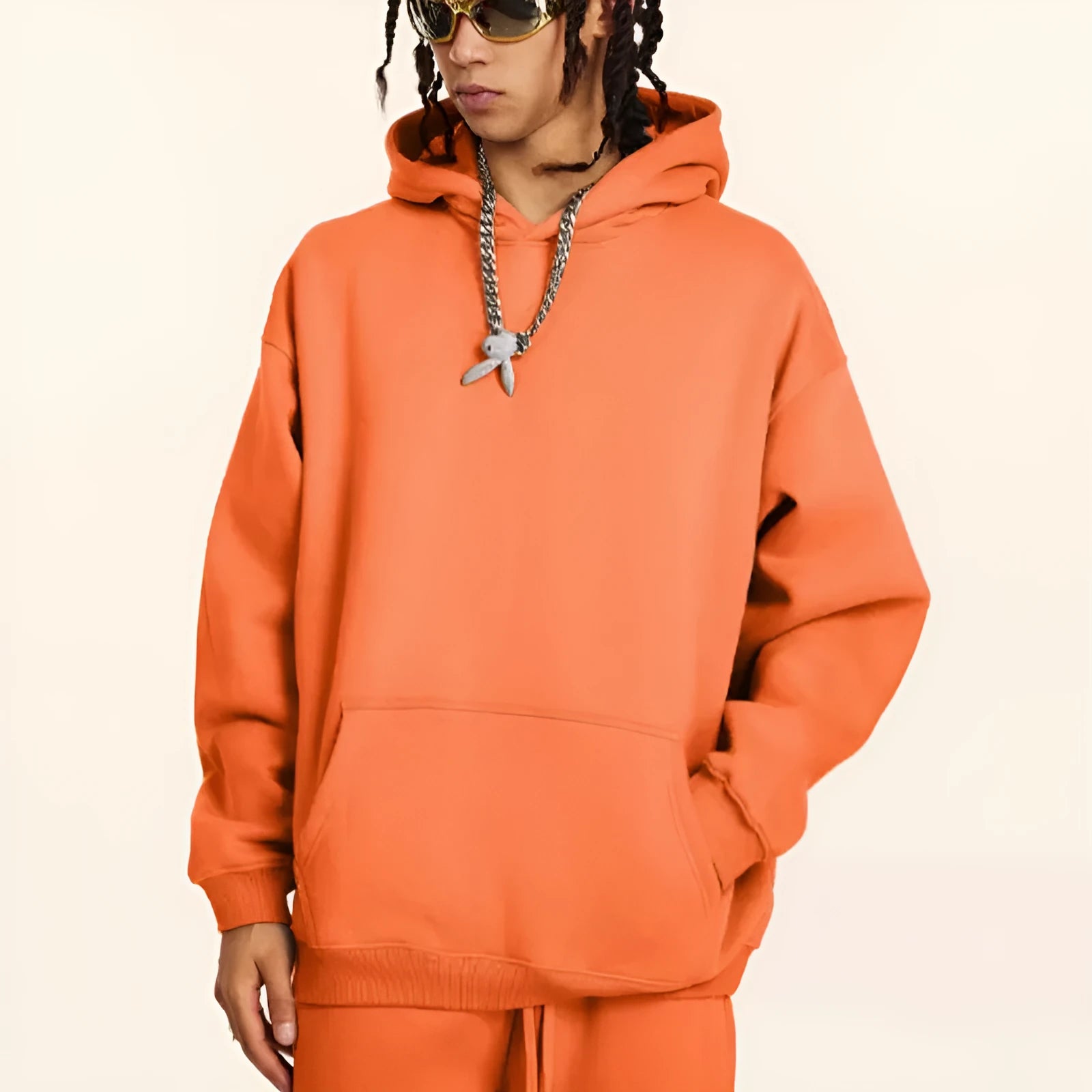 Men's loose fit terry cotton hooded sweater in multiple colours with drop-shoulder sleeves