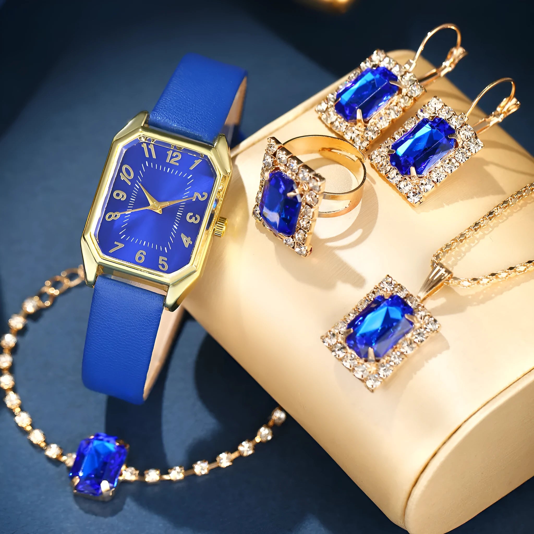Leather women's square quartz watch set with rhinestone jewellery necklace earrings ring in white