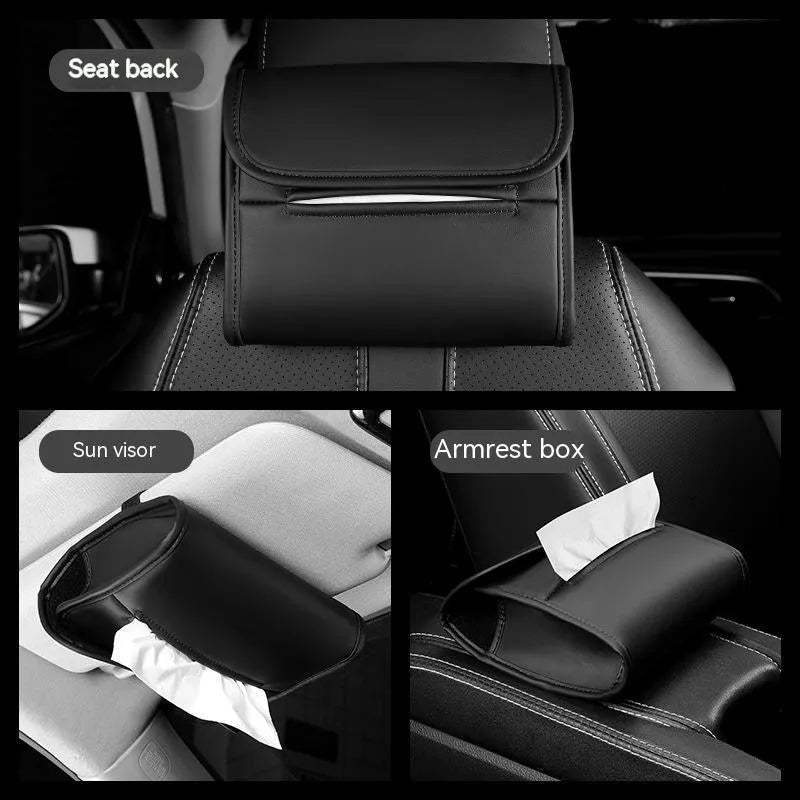Leather car tissue box holder with elastic strap mounted on vehicle sun visor