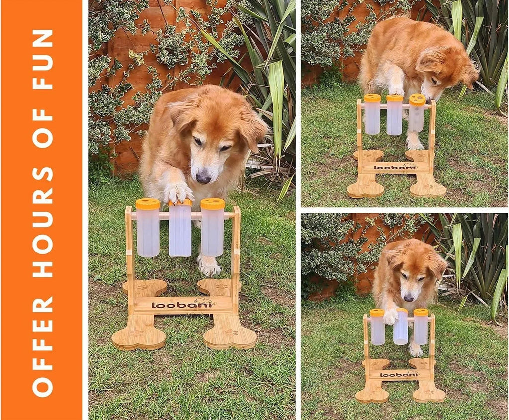 Large wooden interactive dog puzzle feeder toy for treat dispensing and slow feeding