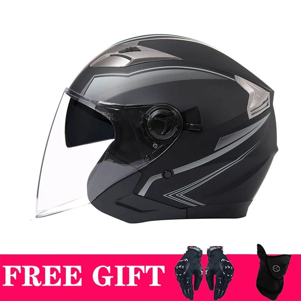 Double lens retro motorcycle helmet in matte black gold finish for electric motorcycle use with ABS shell
