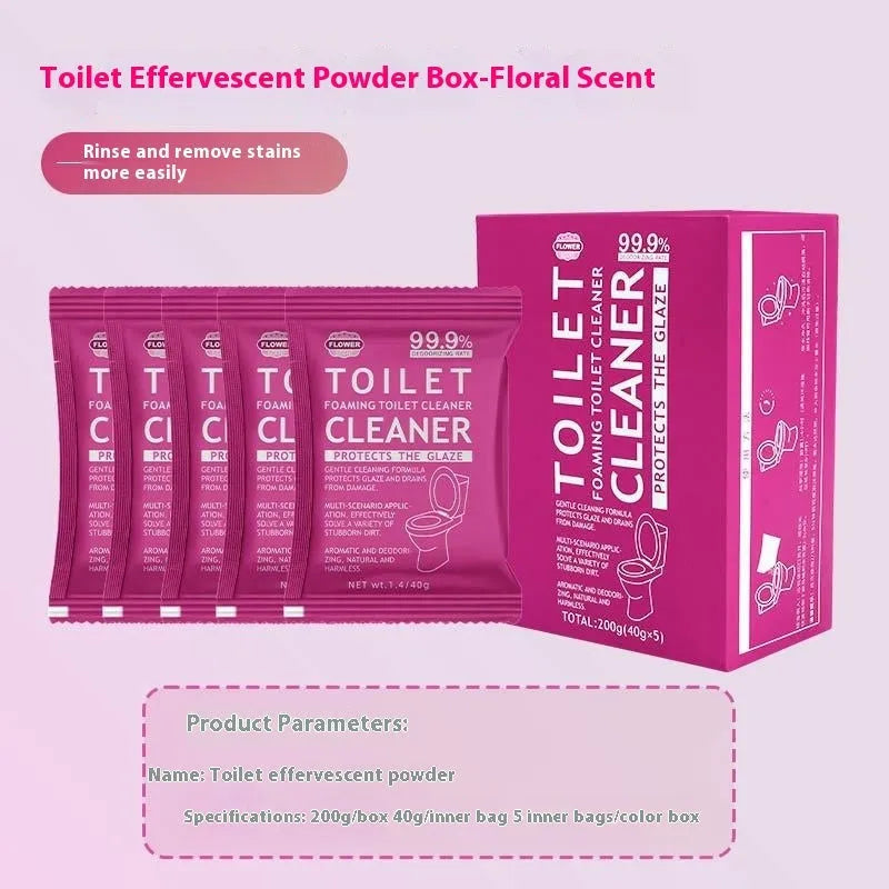 Toilet bubble descaling powder in blue ocean or pink floral fragrance, available in 240g bag or 5x40g sachet box