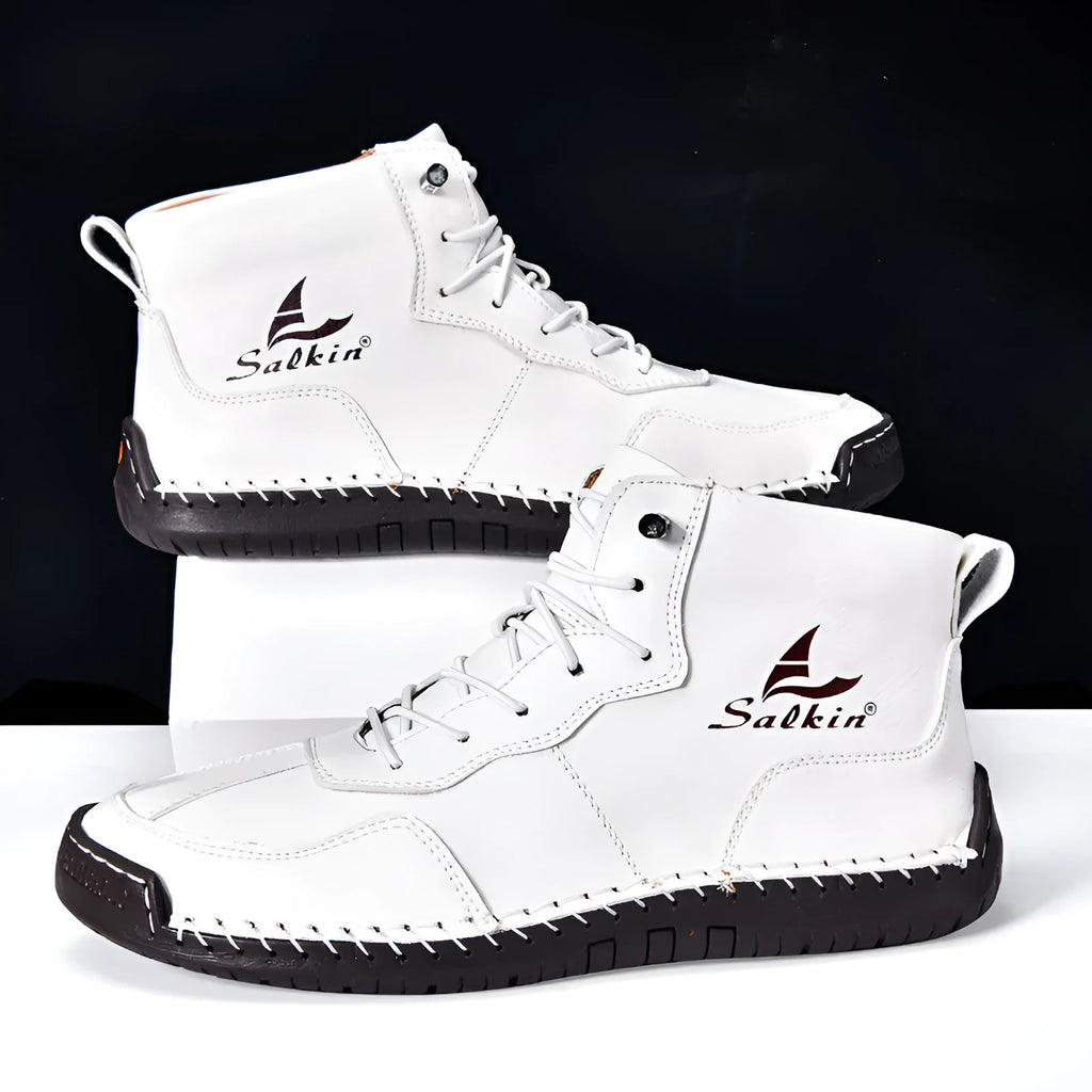 Beige high-top casual boots with elastic band and flat rubber sole