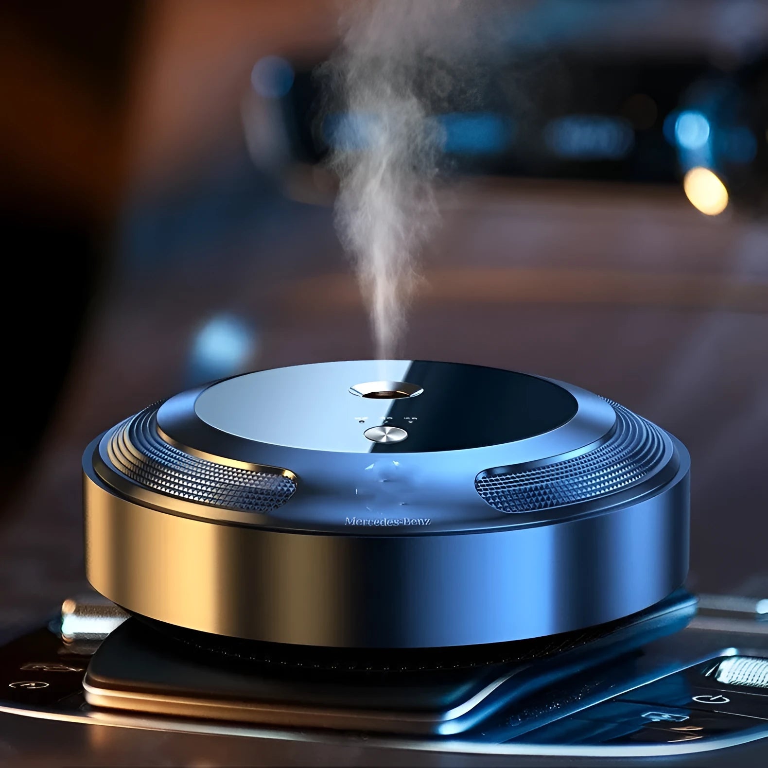 Compact zinc alloy car perfume diffuser with automatic spray function on an anti-slip pad.