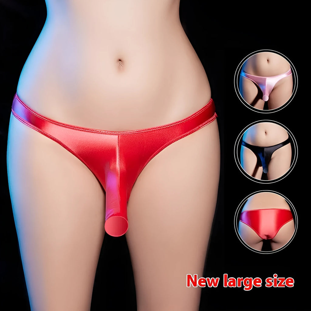 Men's low-waist T-back underwear in shiny nylon fabric showing colour options