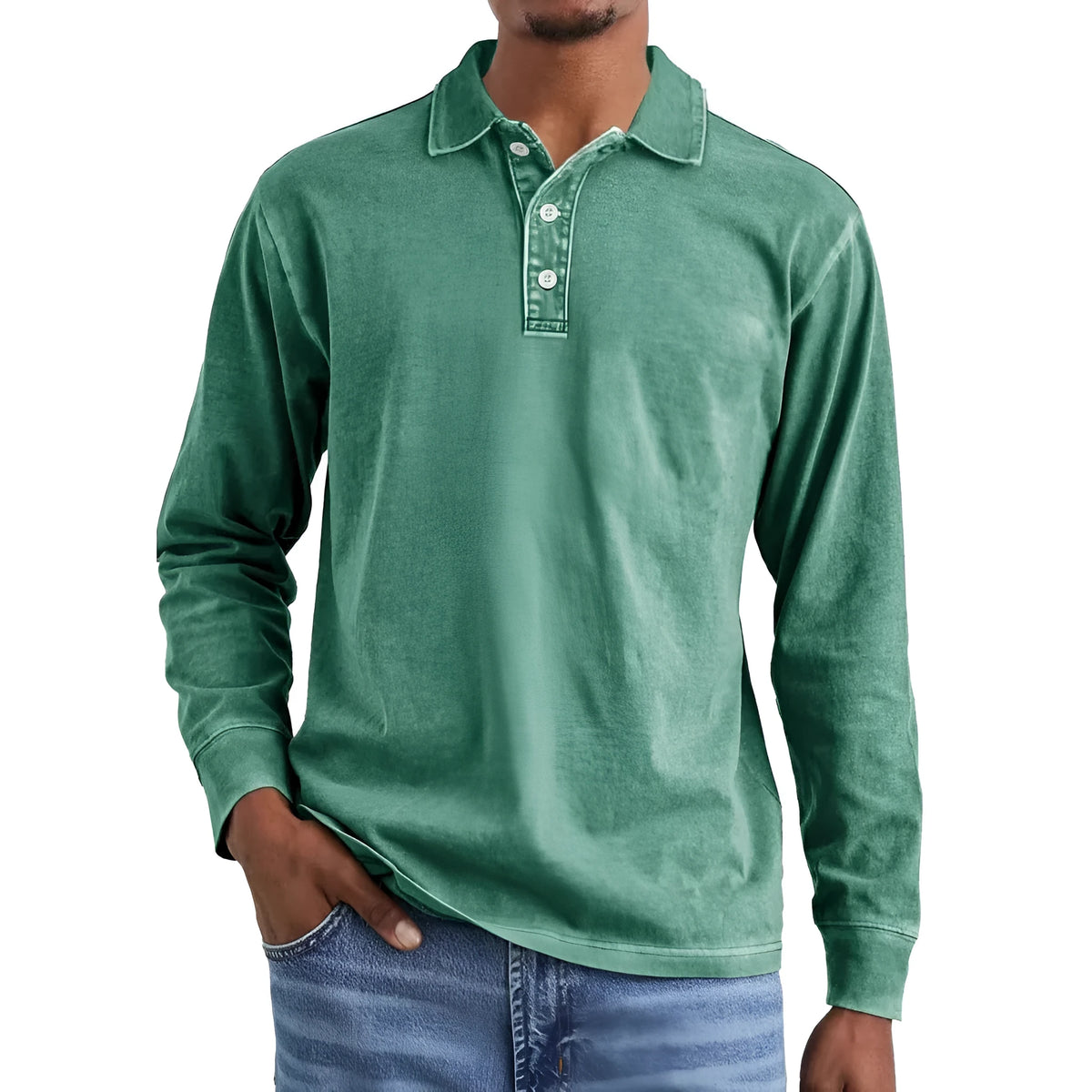 Men's retro washed distressed cotton long sleeve polo shirt with lapel collar in multiple colours