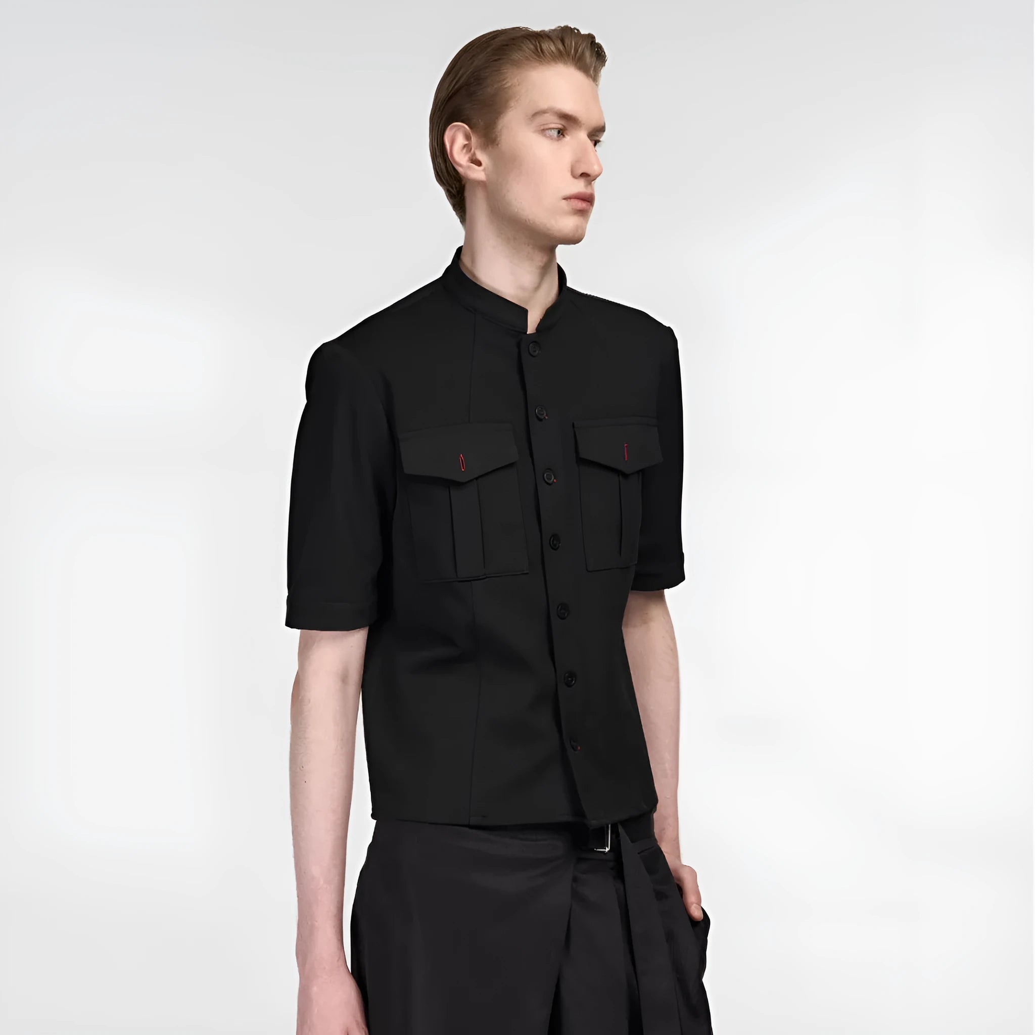 Handmade black hunting shirt with red eye pattern, half sleeves, and loose fit