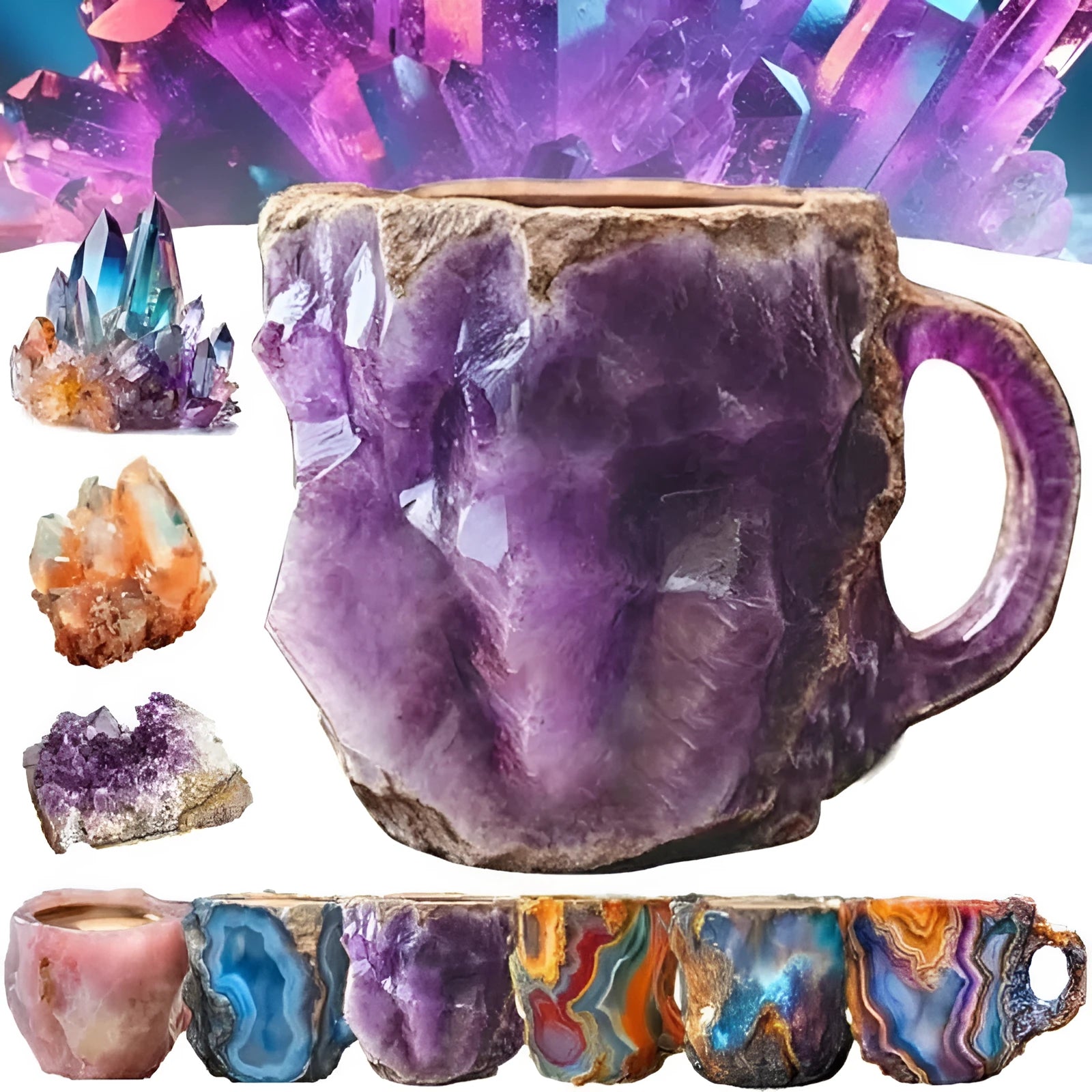 Clear resin mineral crystal coffee mug with handle in a blue colour, showing 400ml capacity.