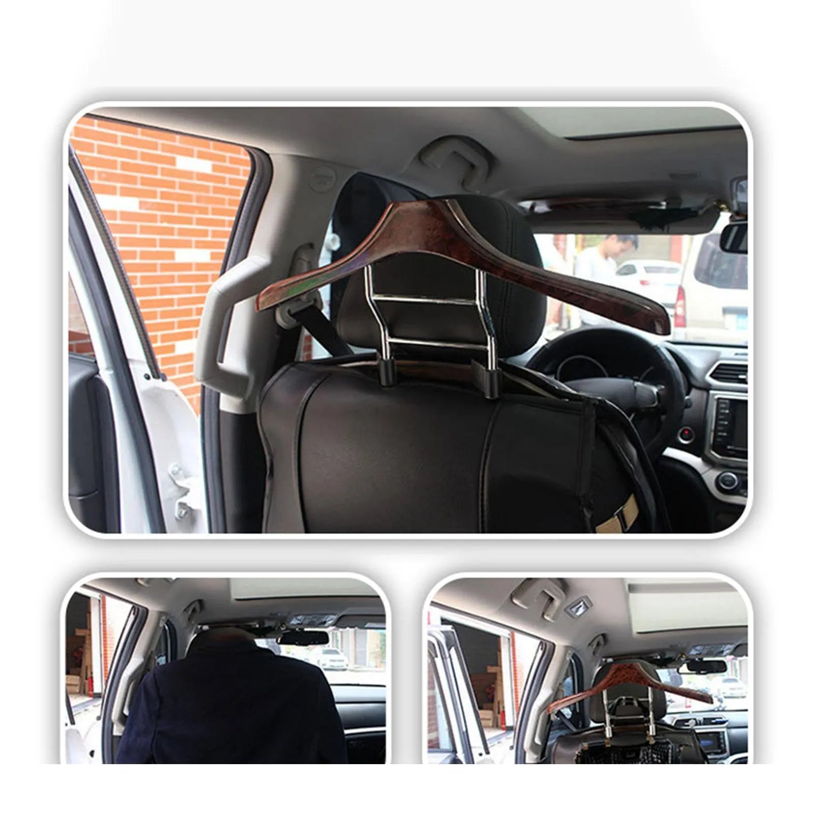 Wood yellow stainless steel car clothes hanger measuring 46.5 by 23 cm for vehicle garment transport