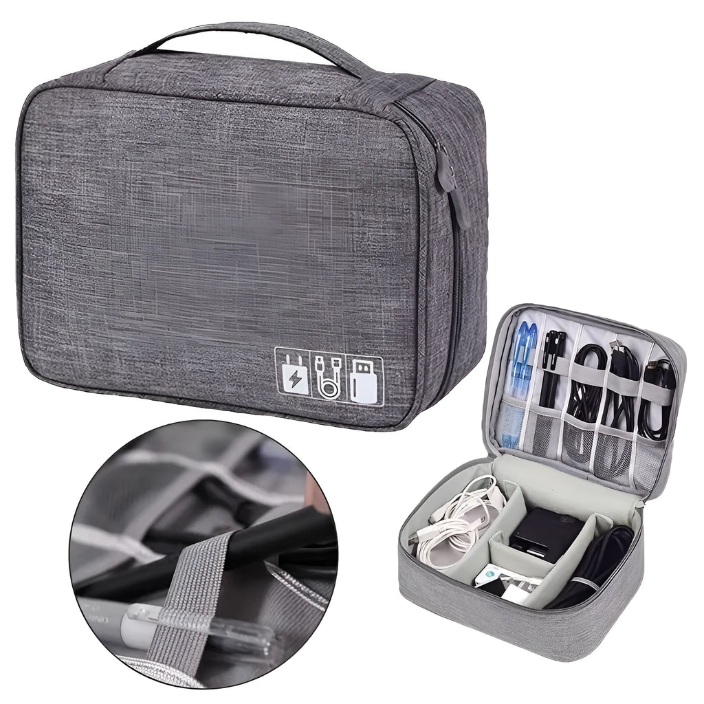 Black waterproof electronics travel cable organizer bag with mesh pockets and top handle