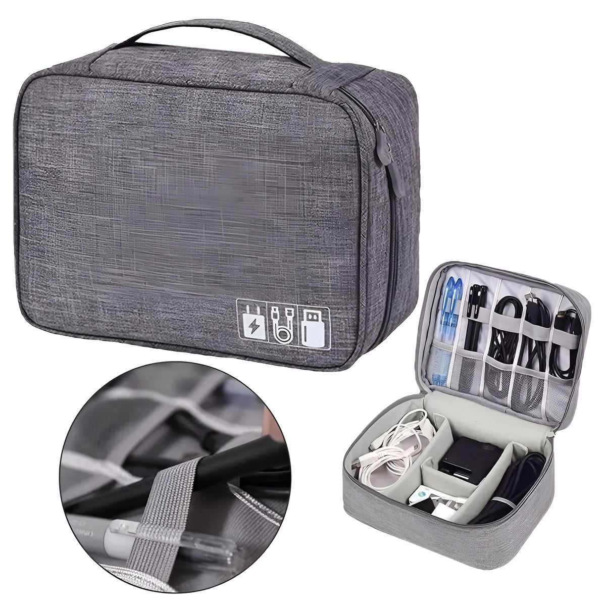 Black waterproof electronics travel cable organizer bag with mesh pockets and top handle
